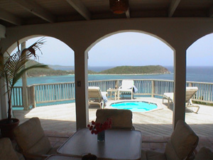 St John rental home Altamira expansive Caribbean views from covered patio overlooking spa 