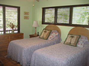 St John vacation rental Meridian bedroom with high ceilings and twin beds