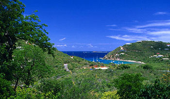 St John vacation rental Meridian view from patio of ocean and green St John hillsides