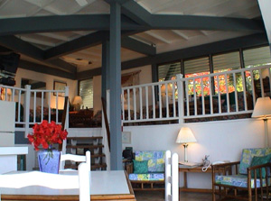 St John vacation rental Tree House has sunken living room, tile floors and tropical prints